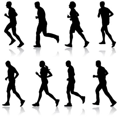 Siluetleri kümesi. Koşucular sprint, erkek ve kadın üzerinde
