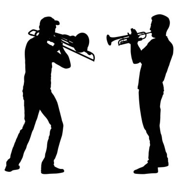 Trombon ve trompet beyaz bir arka plan üzerinde oynarken müzisyen silüeti