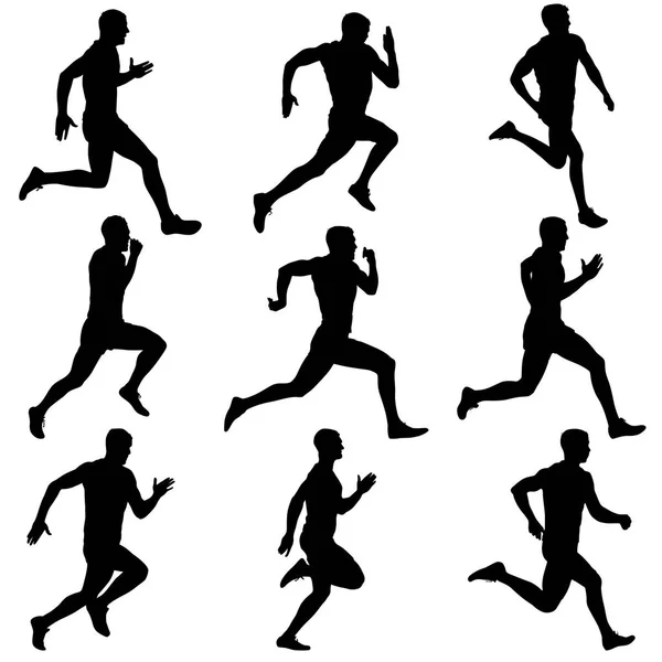 Set of silhouettes. Runners on sprint, men — Stock Vector