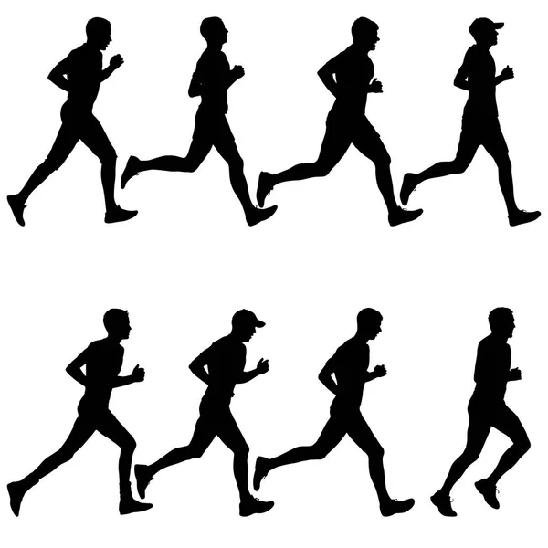 Set of silhouettes. Runners on sprint, men — Stock Vector