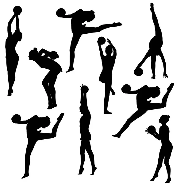 Set chica silueta gimnasta con la pelota sobre fondo blanco — Vector de stock