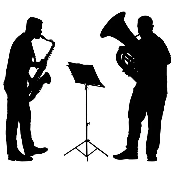 Silueta de músico tocando el saxofón y la tuba sobre un fondo blanco — Vector de stock