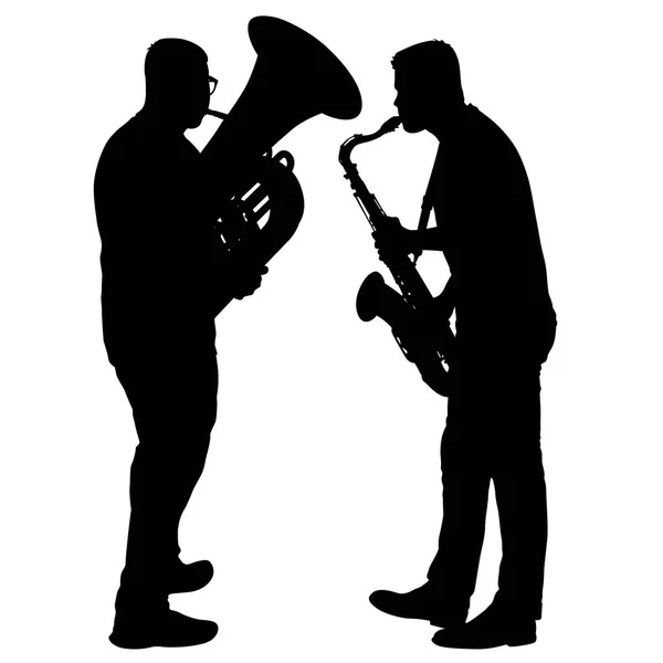 Silueta de músico tocando el saxofón y la tuba sobre un fondo blanco — Archivo Imágenes Vectoriales