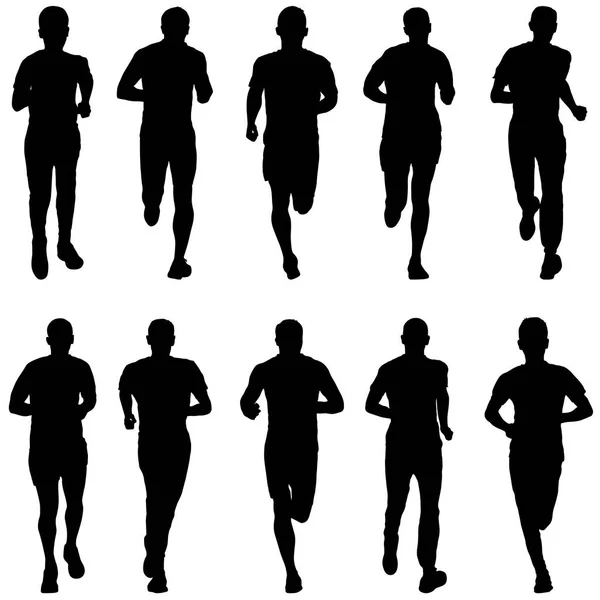 Set of silhouettes. Runners on sprint, men — Stock Vector