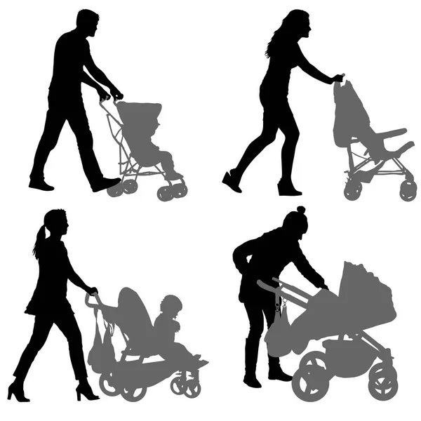 Definir silhuetas caminhadas mães com carrinhos de bebê —  Vetores de Stock
