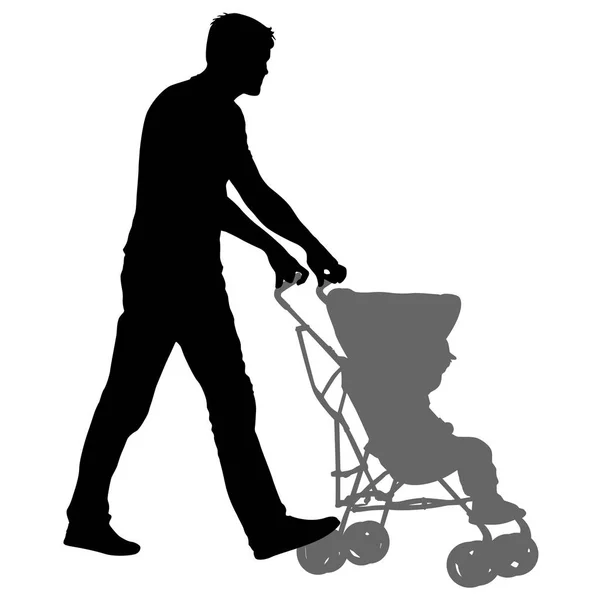 Silhouettes promenades père avec poussettes bébé sur fond blanc — Image vectorielle