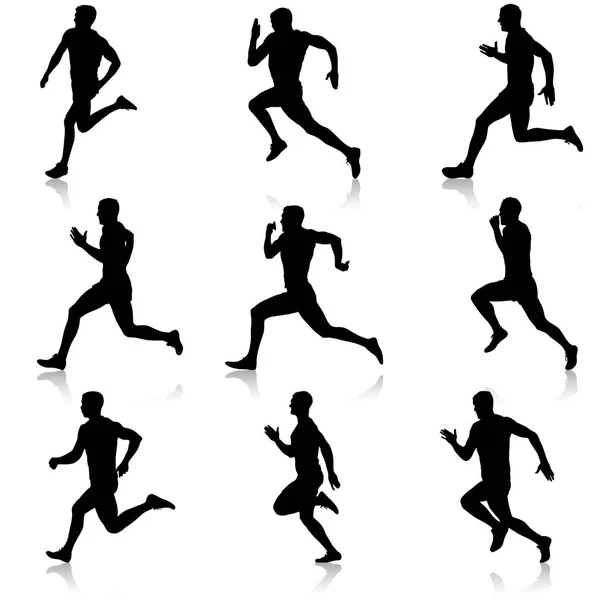 Set of silhouettes. Runners on sprint, men — Stock Vector