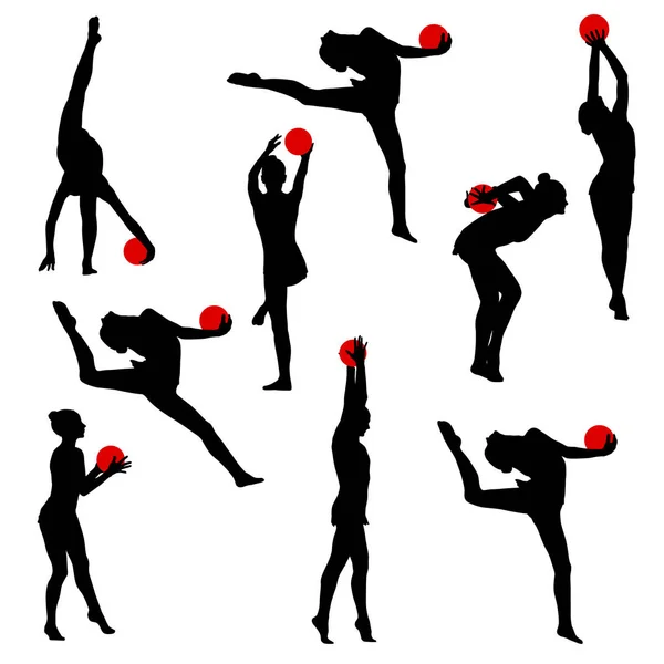 Set silhouette fille gymnaste avec la balle sur fond blanc — Image vectorielle