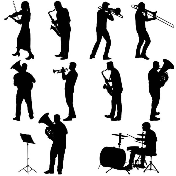Набор силуэт музыканта, играющего на тромбоне, ударник, туба, труба, саксофон, на белом фоне
