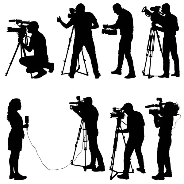 Impostare cameraman con videocamera. Silhouette su sfondo bianco — Vettoriale Stock