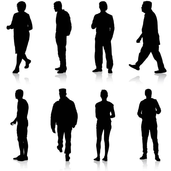 Silhouette noire groupe de personnes debout dans différentes poses — Image vectorielle
