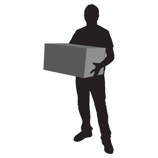 Sziluettjét deliveryman, kezében egy doboz fehér háttér — Stock Vector