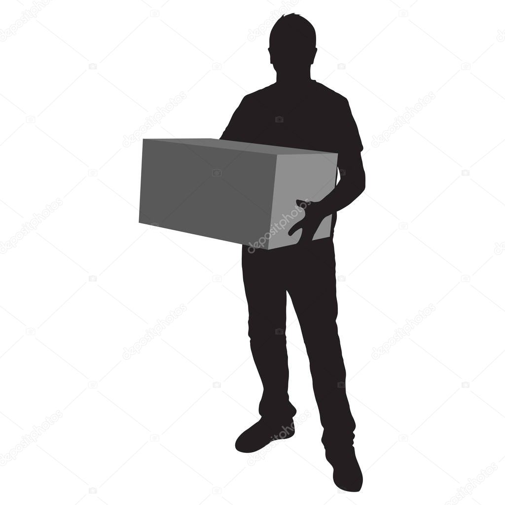 Silhouette of deliveryman carrying a box on white background