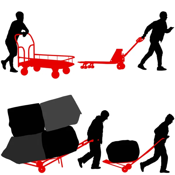 Ställ in svart siluett hård arbetare driver skottkärra och bära stor låda isolerad på vit bakgrund — Stock vektor