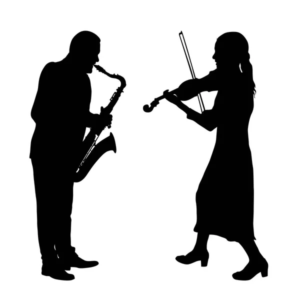 Beyaz bir arka plan violinon snd saksafon oynamaya bir müzisyen siluetleri — Stok Vektör