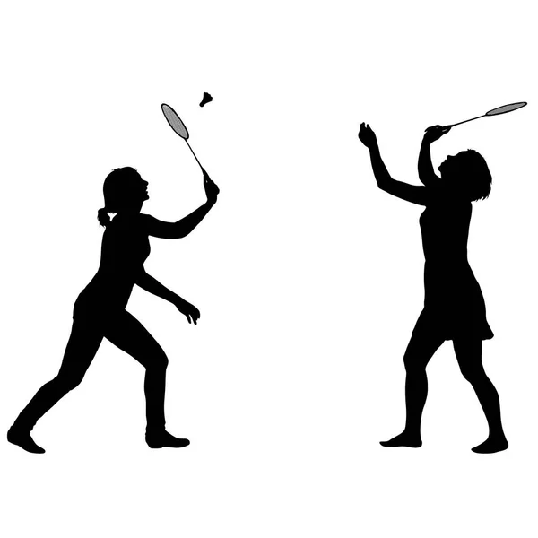 Svart set silhuett av kvinnliga badminton spelare på vit bakgrund — Stock vektor