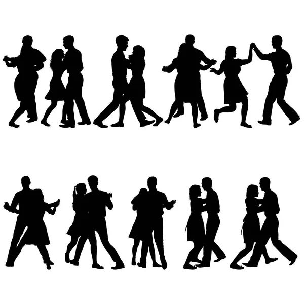 Conjunto negro siluetas bailando hombre y mujer sobre fondo blanco — Vector de stock