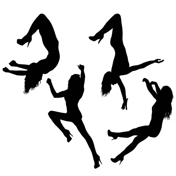Set mujer silueta haciendo algunos elementos acrobáticos sobre un fondo blanco — Vector de stock