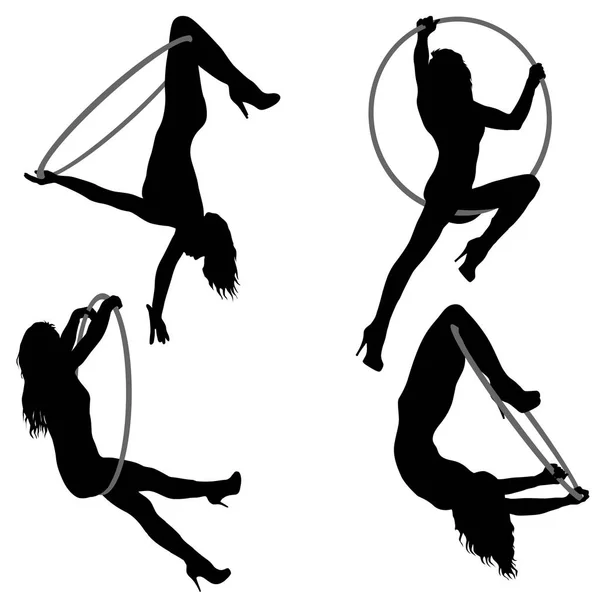 Set donna silhouette facendo alcuni elementi acrobatici cerchio aereo su uno sfondo bianco — Vettoriale Stock