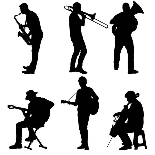 Силуэты уличных музыкантов, играющих на инструментах на белом фоне
