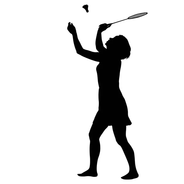 Silueta negra del jugador de bádminton femenino sobre fondo blanco — Archivo Imágenes Vectoriales