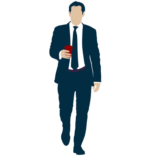 Homme d'affaires Silhouette en costume avec cravate avec un verre de café à la main sur un fond blanc — Image vectorielle