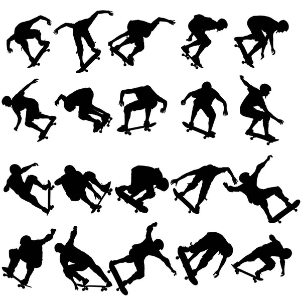 Les silhouettes Set un skateboarder effectue saut — Image vectorielle