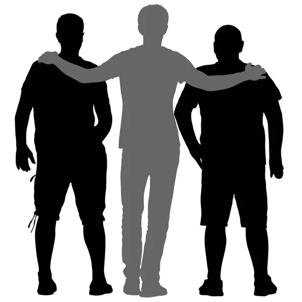 Svart silhuett tre män står omfamna på vit bakgrund — Stock vektor