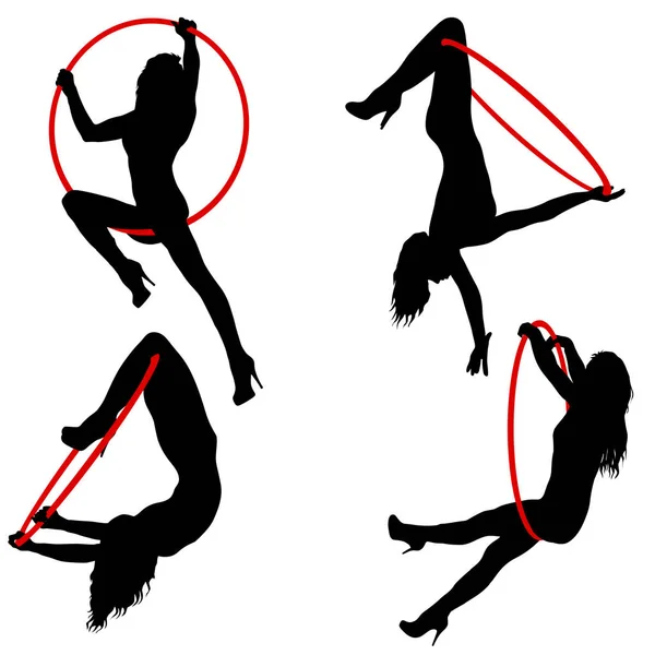 Set silhouette woman doing some acrobatic elements aerial hoop on a white background — Stock Vector