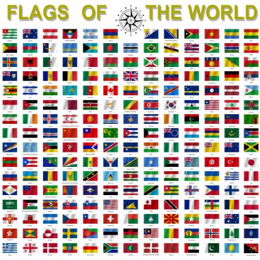Ülkeler isimleri tarafından imzalanan dünya egemen devletlerin bayrakları seti