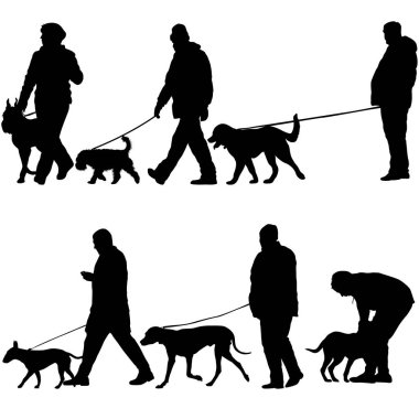 Beyaz bir arka plan üzerinde kadın erkek ve köpek siluetayarlayın