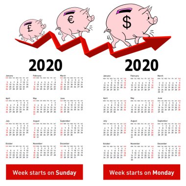 Stylish calendar Pig piggy bank for 2020 Sundays first clipart