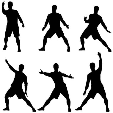 Siyah set siluet adam beyaz arka planda yükseltilmiş kollu