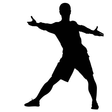 Siyah siluetler, beyaz arka planda yükselen kollu adam.