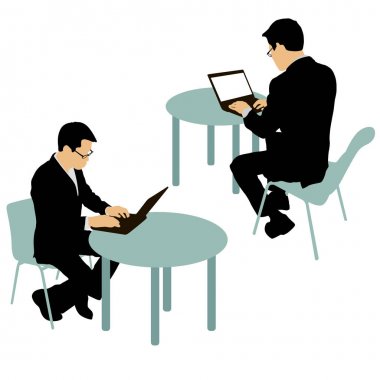 Siyah beyaz bir arka plan üstünde bilgisayar arkasında oturan iki adam siluet