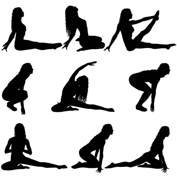 Definir silhueta menina na aula de ioga em pose em um fundo branco —  Vetores de Stock