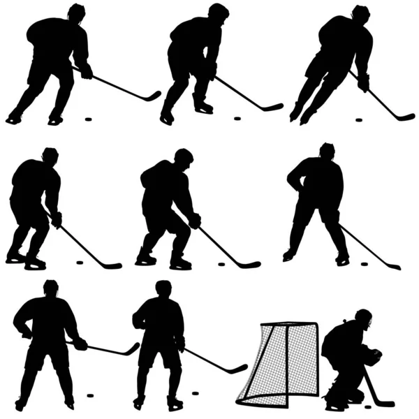 Conjunto de siluetas de jugador de hockey Aislado en blanco — Vector de stock