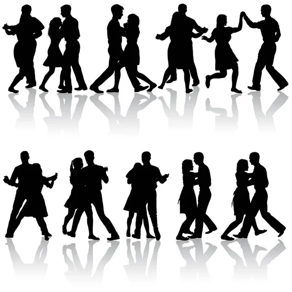 黑色集合剪影跳舞的人和妇女在白色背景 — 图库矢量图片