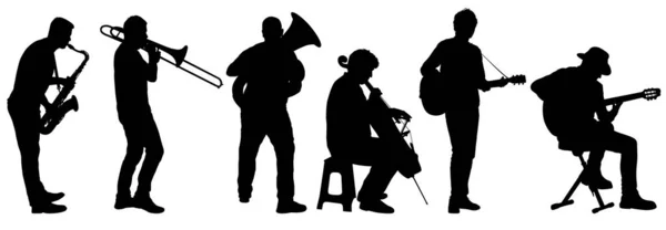 Silhuetas músicos de rua tocando instrumentos em um fundo branco — Vetor de Stock