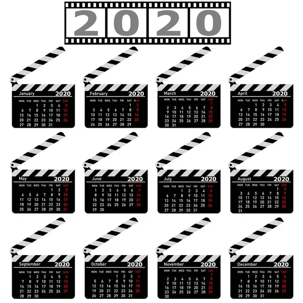 Calendario para 2020, tablero de aplausos de película sobre un fondo blanco — Vector de stock