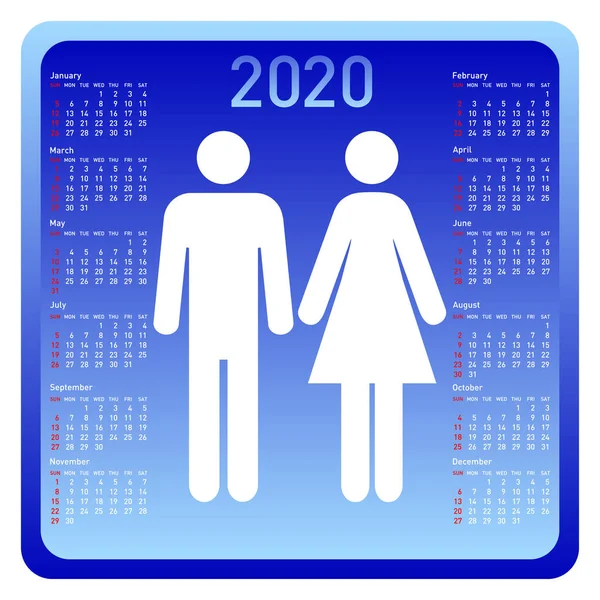 Женщина и мужчина в календаре 2020 года. Неделя начинается в воскресенье — стоковый вектор