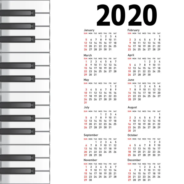 Nuevo calendario 2020 con teclas de piano de fondo musical — Vector de stock