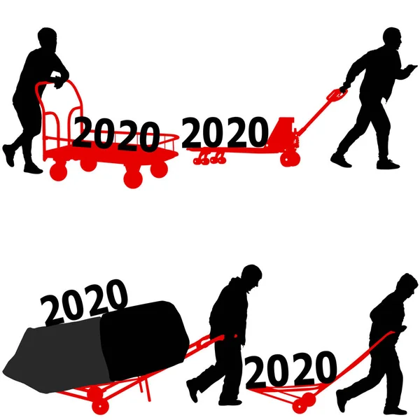 Стильний календар з силуетом важкий працівник штовхає інвалідний візок і несе велику коробку на 2020 рік — стоковий вектор