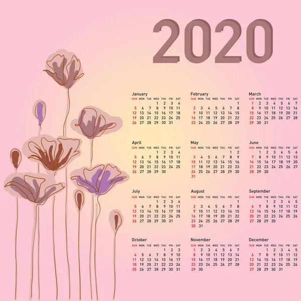 2020 주 꽃과 함께 세련된 달력은 일요일에 시작됩니다. — 스톡 벡터