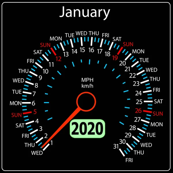Το έτος 2019 ημερολόγιο κοντέρ αυτοκινήτου Ιανουαρίου — Διανυσματικό Αρχείο