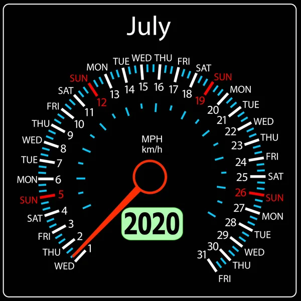 Το 2020 έτος ημερολόγιο ταχύμετρο ένα αυτοκίνητο Ιούλιος — Διανυσματικό Αρχείο