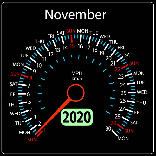Το 2020 έτος ημερολόγιο ταχύμετρο αυτοκίνητο Νοέμβριος — Διανυσματικό Αρχείο
