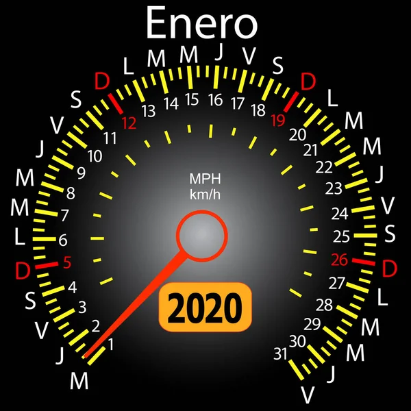 2020 jaarkalender snelheidsmeter auto in het Spaans januari — Stockvector