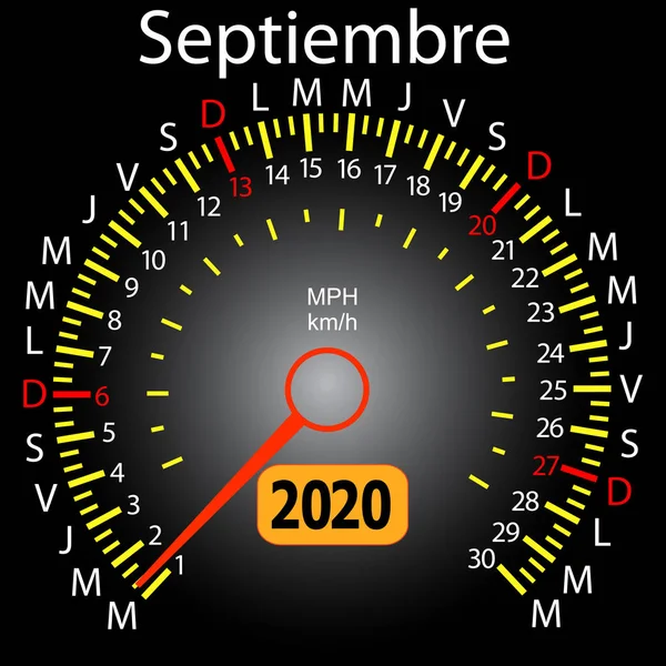 2020 anno calendario tachimetro auto in spagnolo settembre — Vettoriale Stock