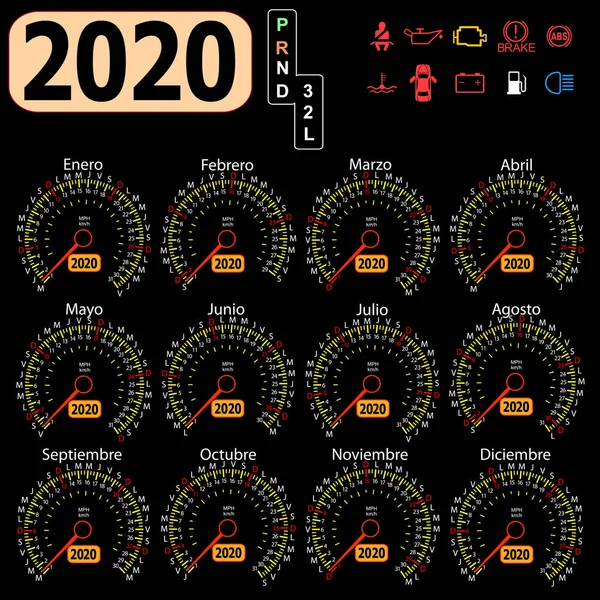 2020 een jaarkalender snelheidsmeter auto in het Spaans — Stockvector